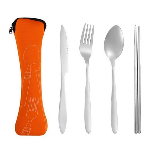 XmhyTop Vajilla de viaje portátil con estuche, juego de utensilios portátiles reutilizables de acero inoxidable con estuche, juego de cubiertos de viaje con estuche, color naranja