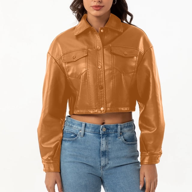 Chaquetas y abrigos de piel sintética sin capucha y manga larga para mujer, chaqueta informal de moda, chaqueta/chaqueta de piel sintética de color liso con mangas largas, top de PU para mujer