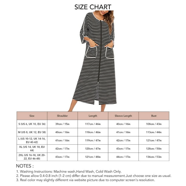 Women Striped Robe 3/4 Long Sleeve Nightshirt Zipper Crewneck Nightgown  Sleepwear Housecoat And House Dress With Pocket 