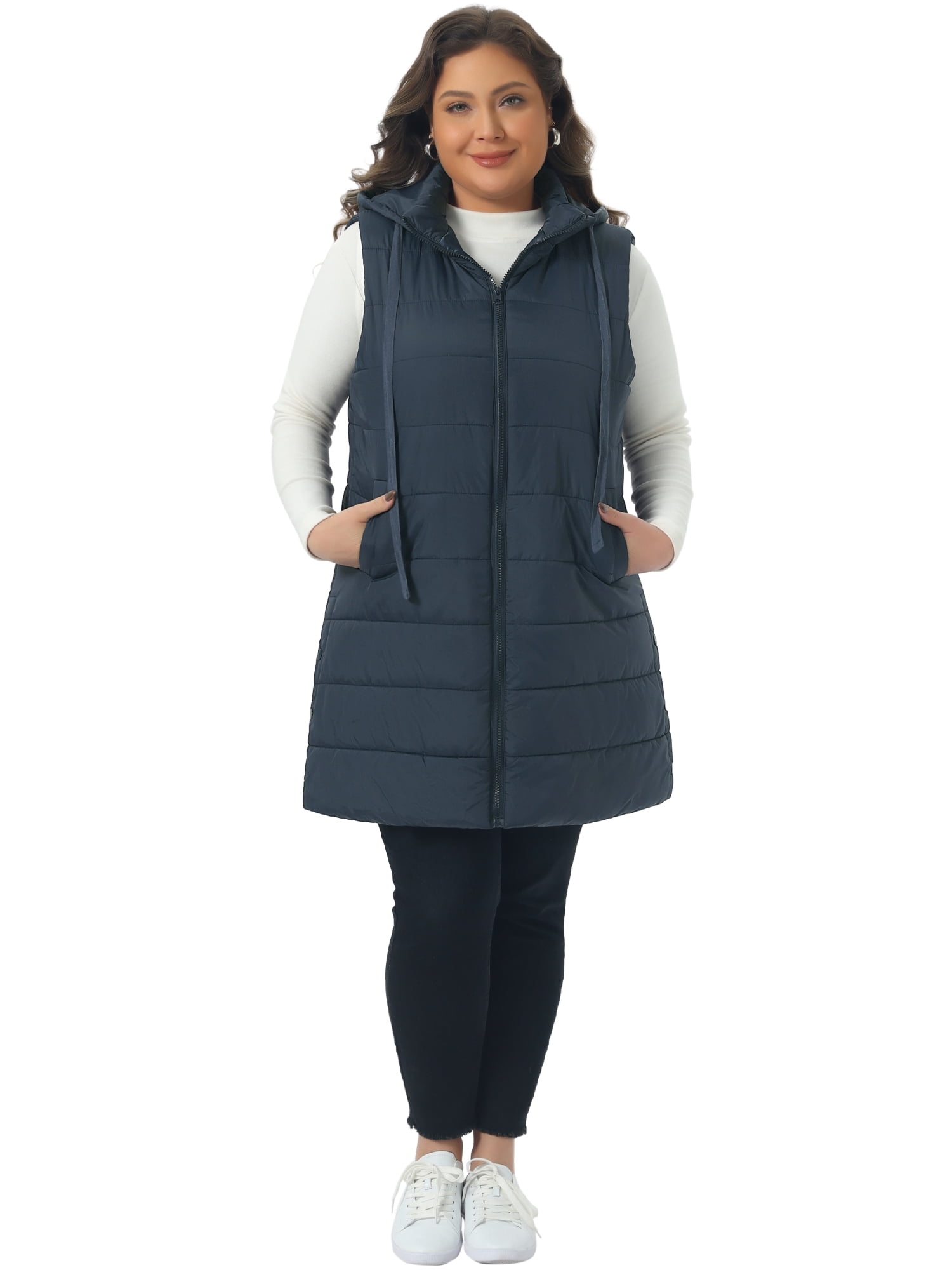 DARING DIVA Women's Plus Size Long Hooded Zip Up Puffer Vest 3X Navy Blue