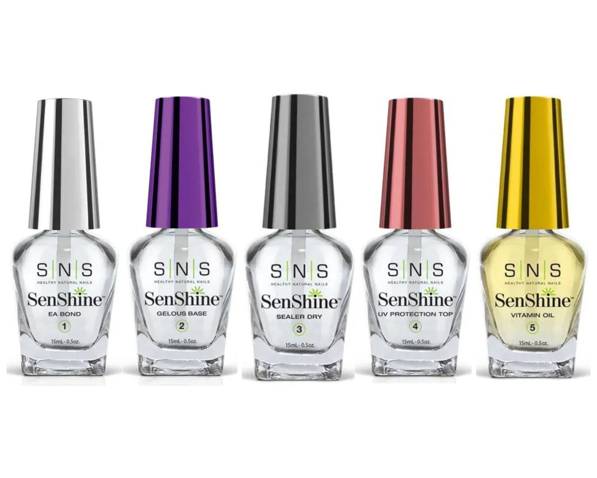 SNS SenShine Bases & Sealers - E.A Bond,Gelous Base,Sealer Dry,UV Protection Top,Vitamin Oil ( 5 Bottle Set - 0.5 oz each )