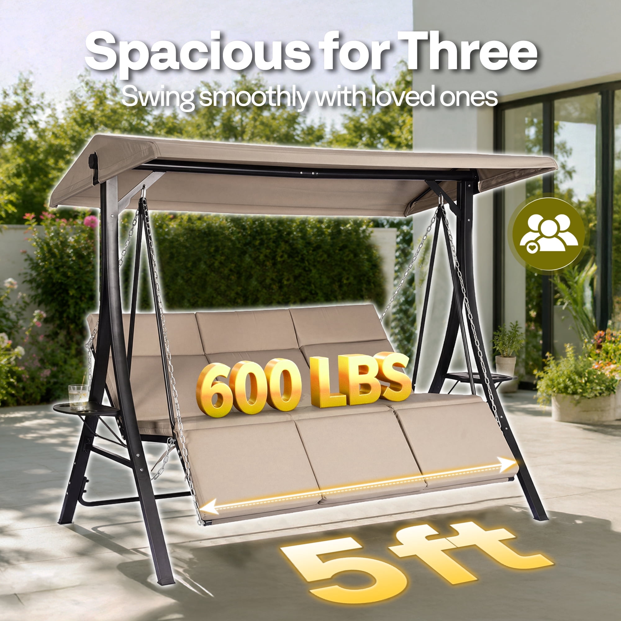 SPECSTAR 3 Seats Patio Swing Chair, Outdoor Steel Frame Porch Canopy Swing Chair w/ Adjustable Canopy&Cushion,Swing Glider Hammock for Patio Garden