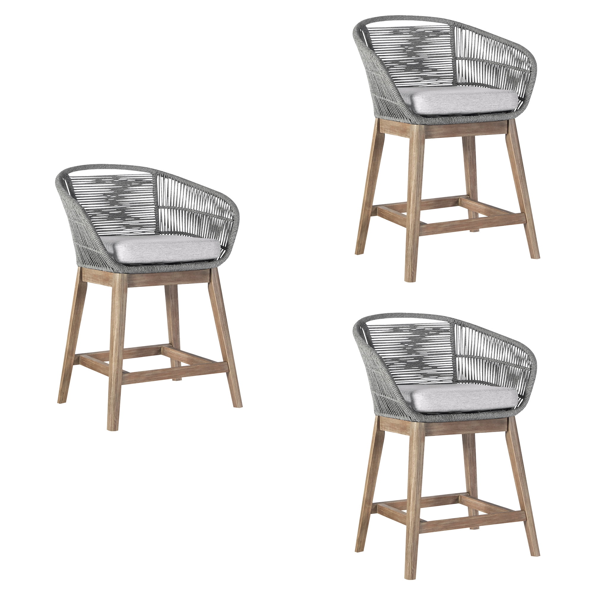 Tutti Frutti Indoor Outdoor Counter Height Bar Stool in Light Eucalyptus Wood with Gray Rope - Set of 3