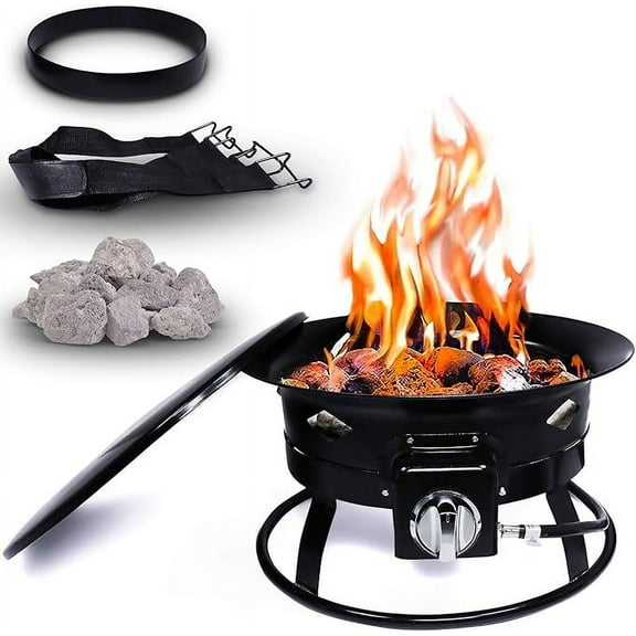 Project One Portable Outdoor Propane Fire Pit with Cover, Carry Kit, & Lava Rocks, 19-Inch Diameter 58,000 BTU, Diamond Pattern