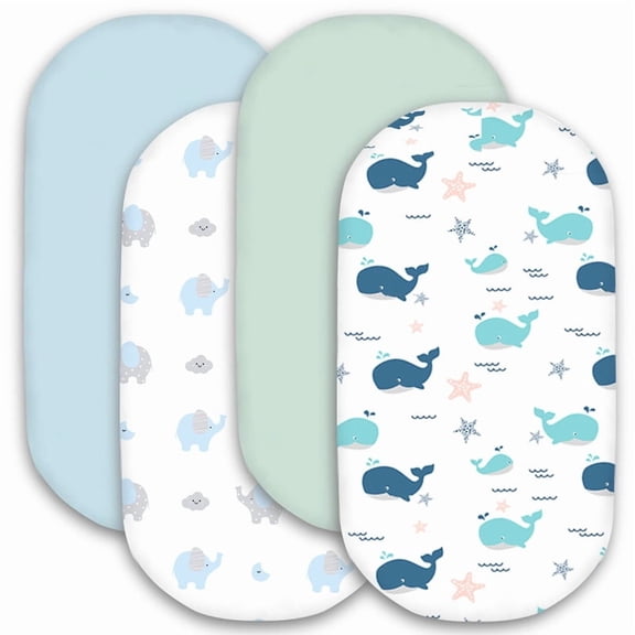 Plushii Bassinet Sheets for Baby Boys Girls 4 Pack, 33" x 18" Soft Bassinet Fitted Sheet, Bedside Sleeper Bassinet Sheets Fit for Oval Rectangle and Hourglass Bassinet Mattress (Whale)