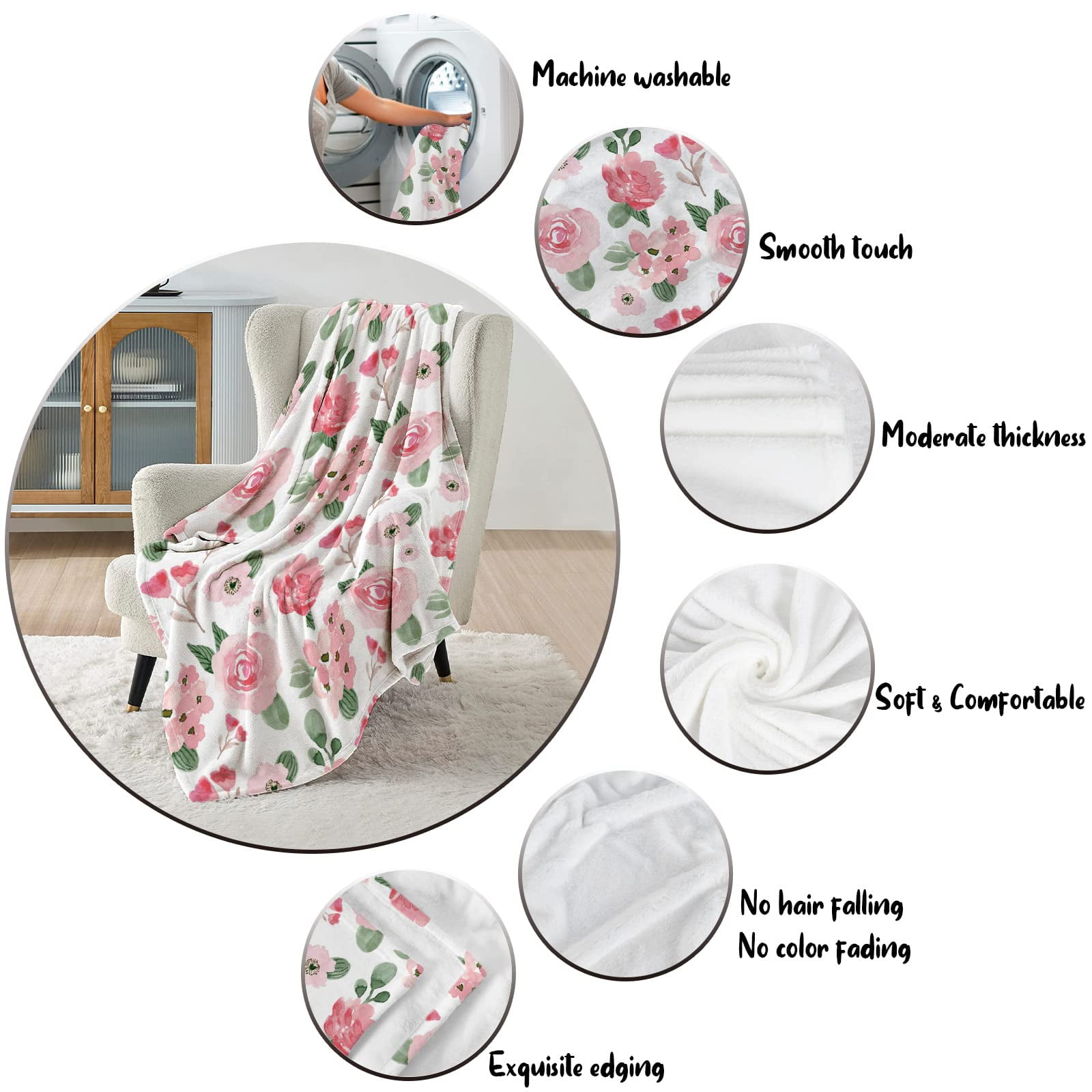 Floral Throw Blanket, Pink Rose Floral Throw Blanket, Soft Cozy Flannel Flower Blankets, Fluffy Fuzzy Rosebuds Wildflowers Print Blankets for Girls Women Gifts Home Sofa Couch Bed Decor,(40"x50")