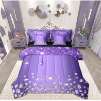 Feelyou Chic Bling Diamond Bedding Comforter Set 7 Pieces, Purple Sequin Print Full Bedding Set, Modern Fashion Reversible Fitted Sheet Flat Sheet, Luxury Bedroom Decor