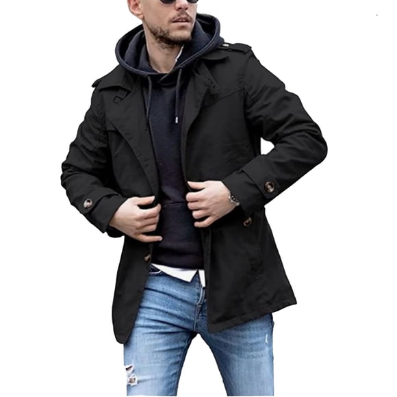 LTTVQM Mens Casual Jacket 2026 Outerwear Canvas Cotton Trench Coat Single Breasted Lightweight Casual Windbreaker Jacket Black 2XL
