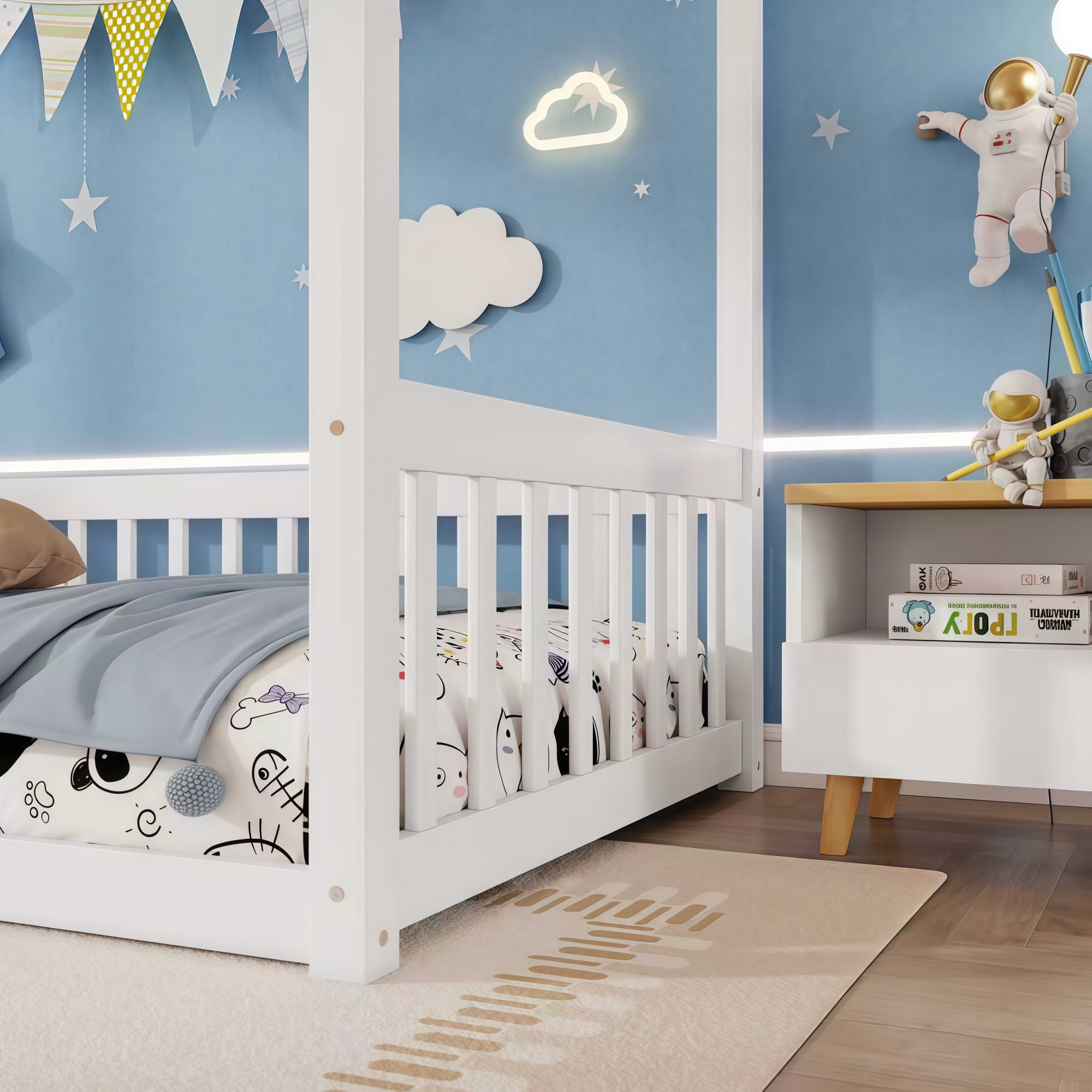 Alvantor Twin Size Floor Bed with Canopy Fence Guardrails for Kids Children Toddler Girls Boys, White