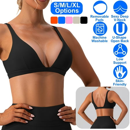 Moclever Women Deep V-Neck Sports Bra  Padded Strappy Crop Open Back Sports Bra with Removable Pads for Running Gym Yoga