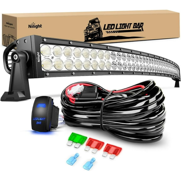 Nilight 52Inch 300W Curved Spot Flood Combo Led Light Bar Off Road Driving Boat Fog Lights 12V On/Off 5 Pin Rocker Switch Power 12AWG Wiring Harness Kit-1 Lead for Trucks