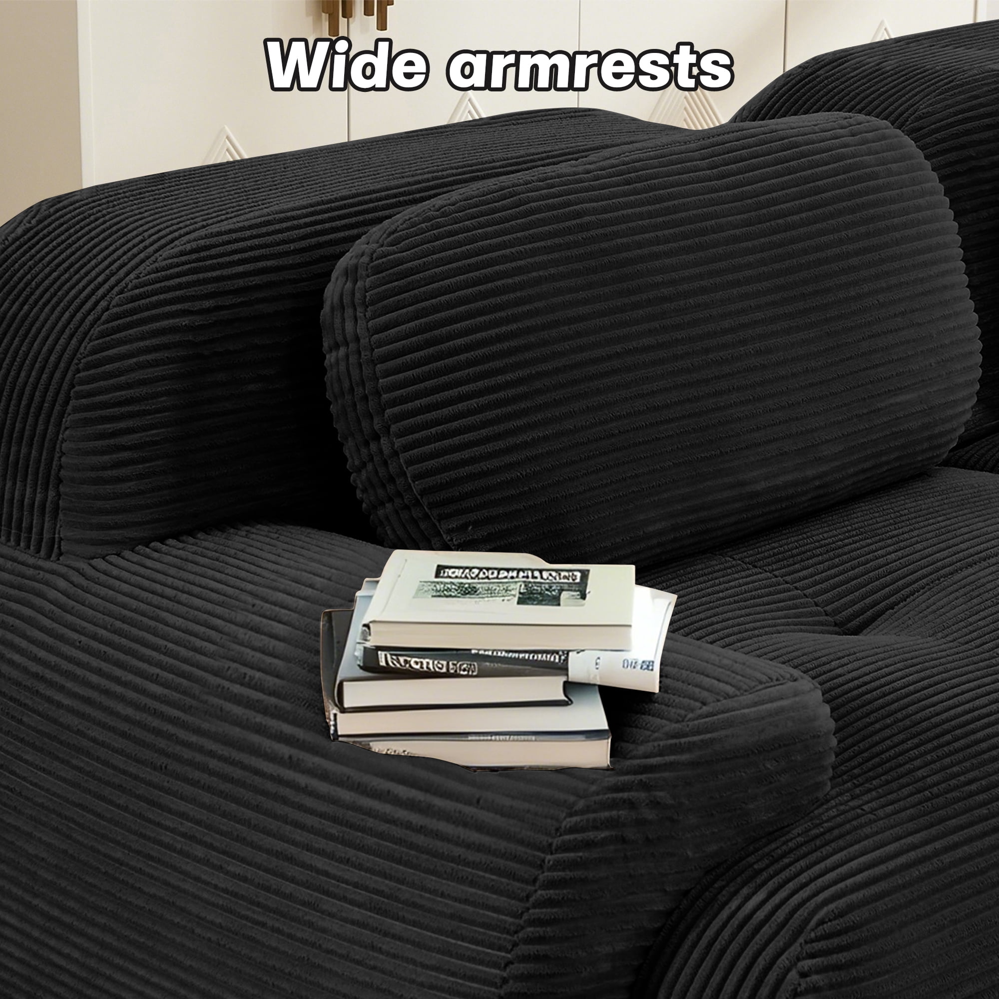 Alvantor 117" Modular Sectional Sofa Corduroy Oversized L-Shaped Cloud Couch Upholstered Sofa for Living Room Bedroom, No Assembly Required, 3-Seats, Black