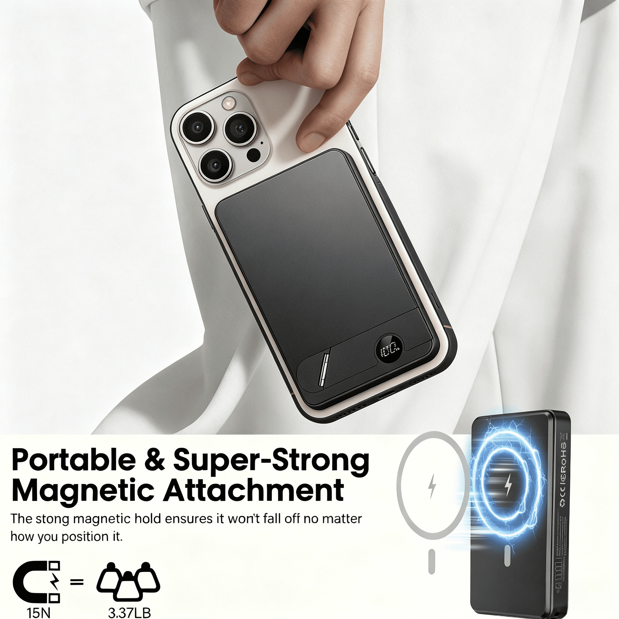 Magnetic Power Bank 10000mAh, 20W Fast Charging Wireless Power Bank, Portable Charger With a folding stand and Portable Fast-Charging Cable, Compatible with iPhone 17/16/15 Series, Samsung, Android