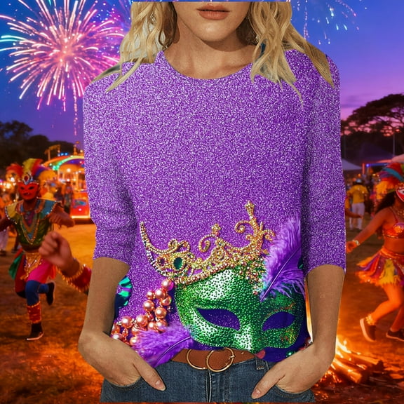 CYiJun Mardi Gras Clothing,Sparkling Mardi Gras Crewneck Top,3/4 Sleeve Metallic Party Shirt for Carnival Celebration