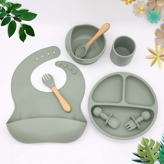 Vajilla de silicona para bebé, complemento alimenticio, cuenco, cuchara, tenedor, taza de agua, compartimento para babero, plato redondo