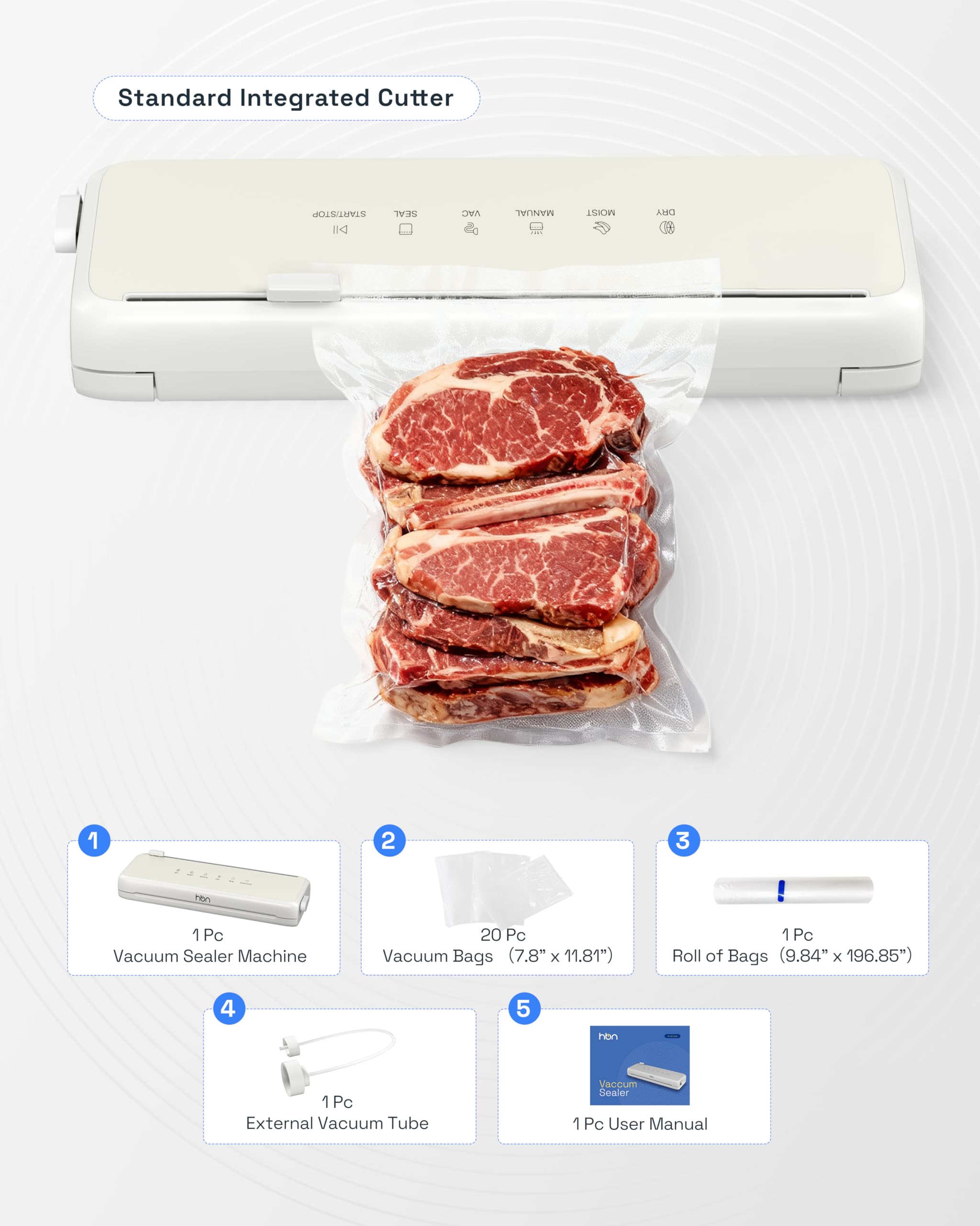 HBN Vacuum Sealer,60KPa Compact Vacuum Sealer Machine, Automatic Food Sealer  for Food Storage, Double Heat Seal Built-in Cutter with 1 Roll & 20 Bags