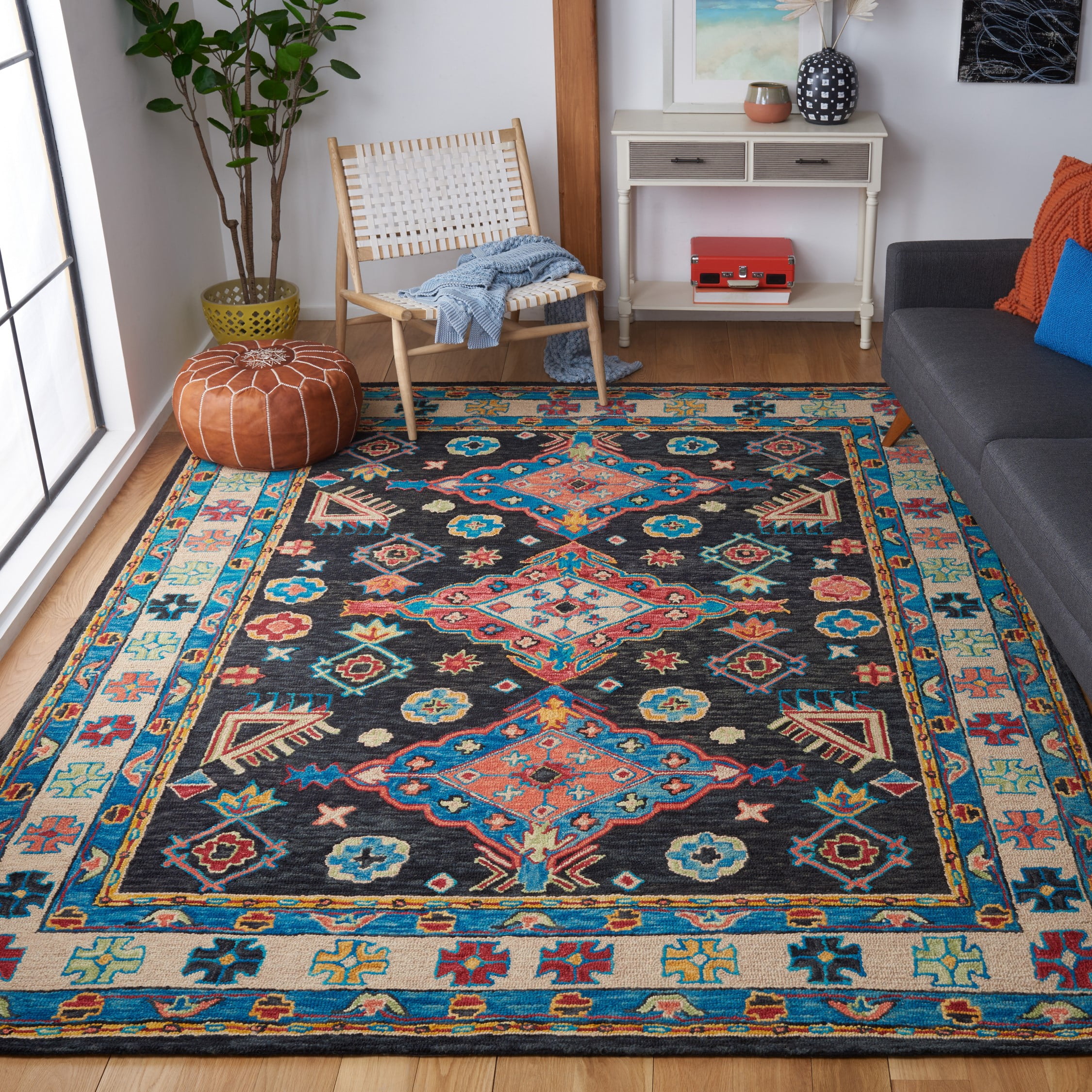SAFAVIEH Aspen Ermintrude Floral Bordered Wool Area Rug, Charcoal/Blue, 11' x 15'