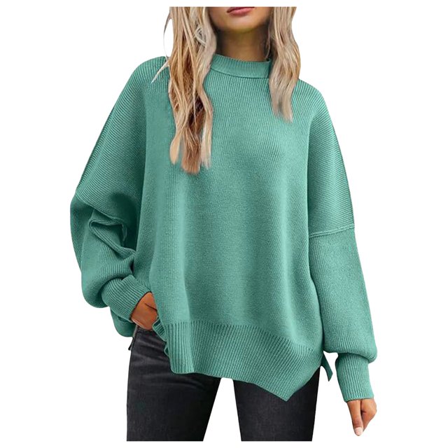 Women's Oversized Batwing Sweater 2024 Fall Ribbed Knit Crewneck Long Sleeve Pullover Tops with Side Slit Comfortable Casual Wear