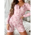 thumbnail image 2 of FEORJGP Women's Short Pajamas Romper Ladies Bodycon Loungewear Long Sleeve Jumpsuit Heart Print Fitted Bodysuit Crew Neck Button Sleepwear Spring Autumn, 2 of 9