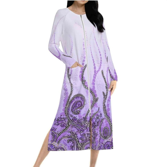 Ovingeta Robe de Nuit Raglan pour Femmes, Tenue d'Intérieur, Robe de Pyjama à Fermeture Éclair Intégrale, Imprimé, Vêtement de Nuit, Blouses Brossées, Vêtements, Robes de Nuit Pleine Longueur, Pyjamas à Manches Longues