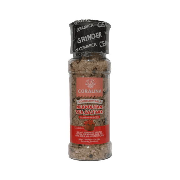 Coralina Neapolitan Sea Salt – Traditional Flavor with Sun-Dried Tomatoes and Basil. Perfect for Pizza, Pasta and More. Refillable Ceramic Grinder. Gluten-Free.