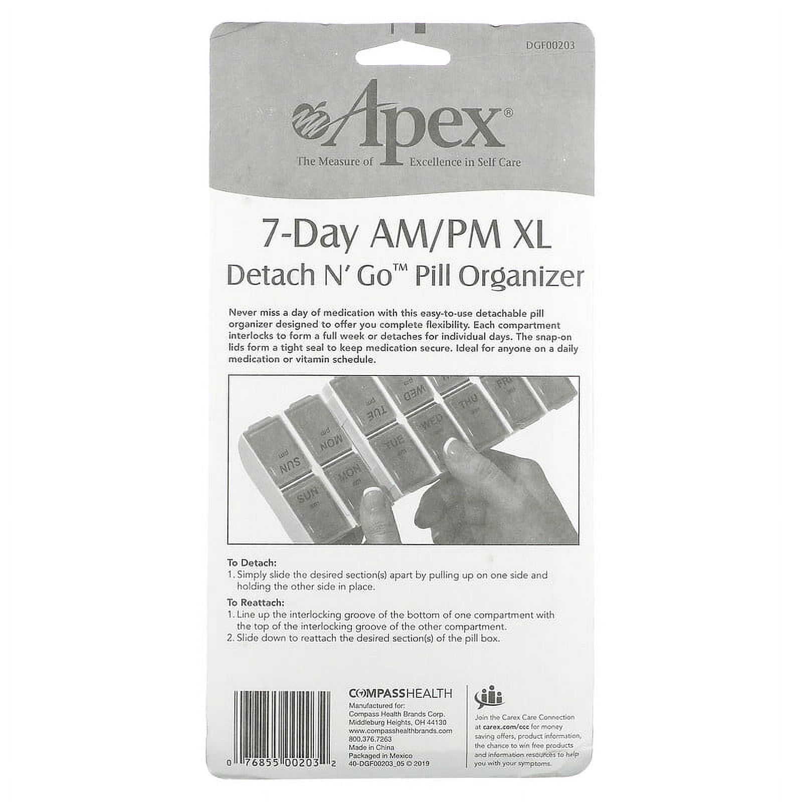 Apex, 7-Day AM/PM XL, Detach N' Go Pill Organizer, 1 Pill Organizer Pack of 4