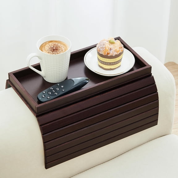 Couch Arm Tray with Spacious 12.4" x 5.4" Storage Box,Couch Arm Table for Living Room Couches, Brown-Stained Bamboo Finish, Sturdy Bamboo Slats, Anti-Falling Armrest Tables Cup Holder