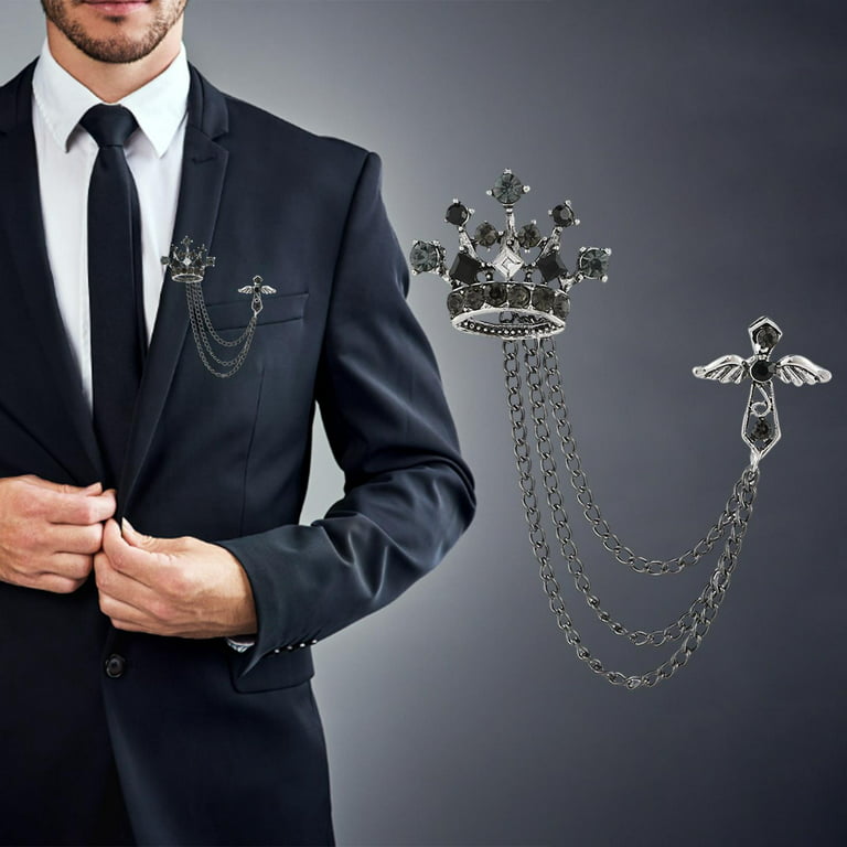 Men's Crown Brooch with Chains Lapel Pin Badge Wedding Brooch Pin Jewelry  for Tie Tuxedo Career Suit Shirts Boyfriend Father Birthday Gift , Black 