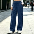 thumbnail image 2 of Baggy Cargo Pants for Women, Elastic Drawstring Waist Solid Casual Pants with Multi Pockets, Lounge Jogging Work Wear | VerBelle,Navy 2XL, 2 of 9