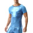 thumbnail image 2 of Haitryli Mens Shiny Metallic Short Sleeve Shirts Mesh Shoulder 70s Disco Nightclub Party T-Shirts Blue S, 2 of 7