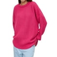 thumbnail image 3 of Women'S Crew Neck Sweater Long Sleeve Lantern Sleeve Hollow Knit Loose Casual Sweater Rose Red L, 3 of 9