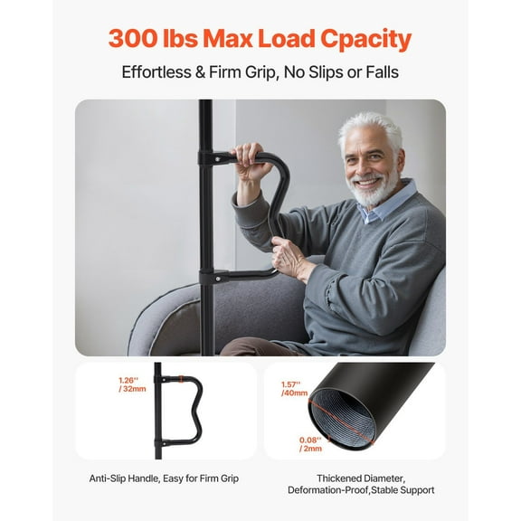 Black Safety Pole for Bathroom - Anti-Slip Floor-to-Ceiling Grab Bar, Supports 300 lbs, Ideal for Elderly