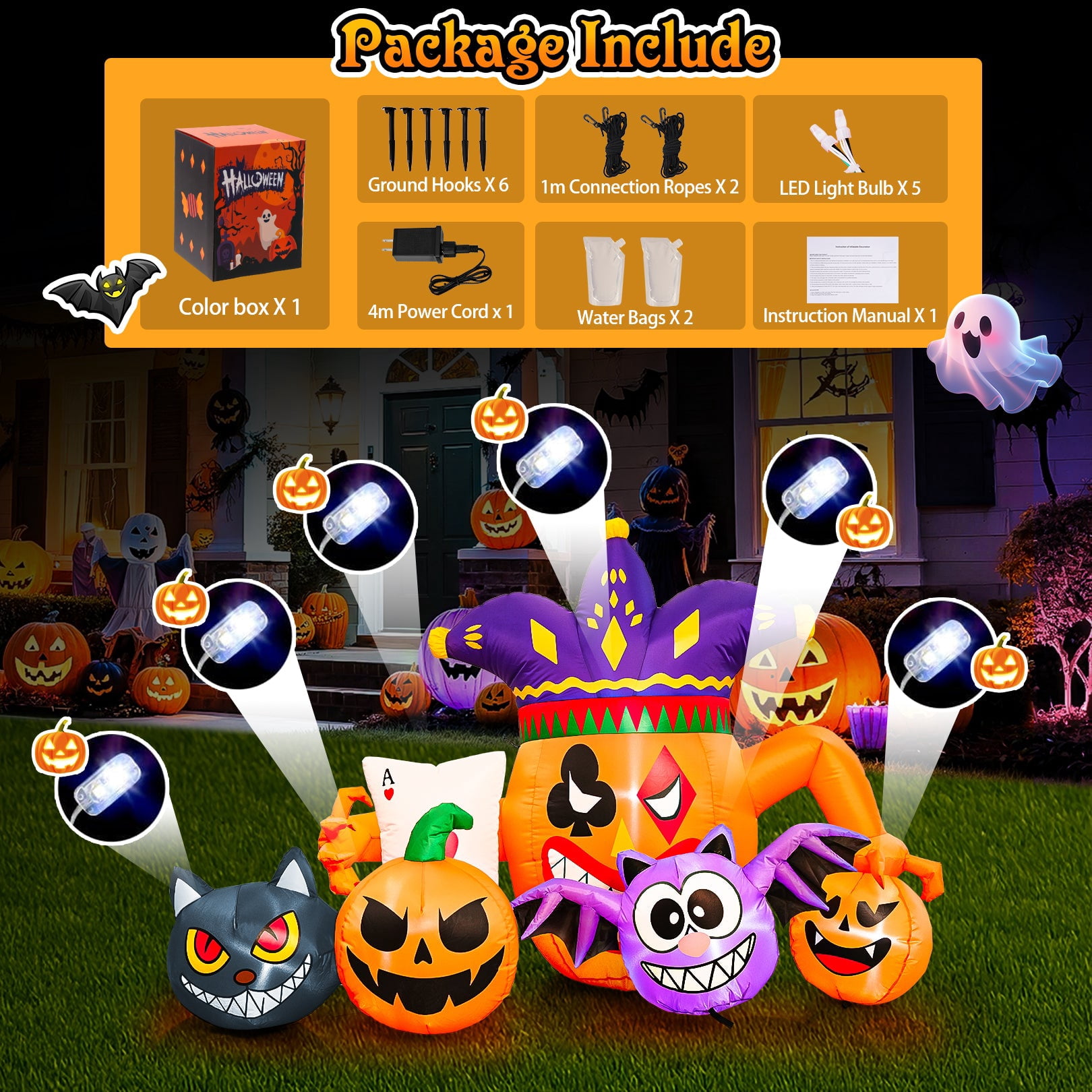 Funcid 5.3FT Halloween Inflatables Outdoor Decorations - 5 Character Blow Up Yard Decor with Color-Changing Cat & Cross-Lighting