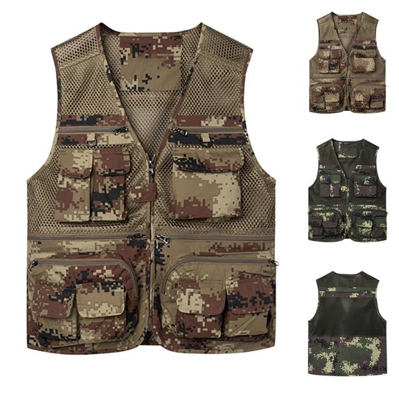 Men's Camouflage Cargo Vest V Neck Zipper Multi Pockets Sleeveless Breathable Jacket Fishing Hiking Travel Photo Outdoor Vest