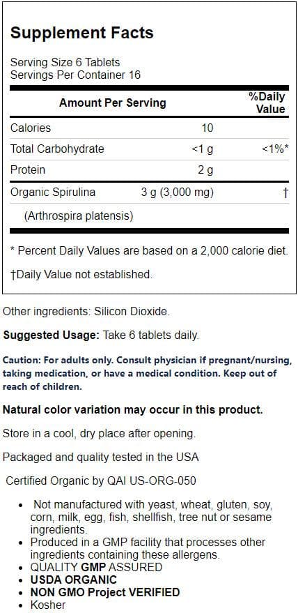 NOW Foods Certified Organic Spirulina, 500 mg, 100 Tablets
