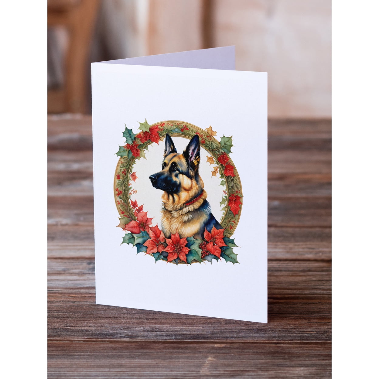 German Shepherd Christmas Flowers Greeting Cards Pack of 8 7 in x 5 in