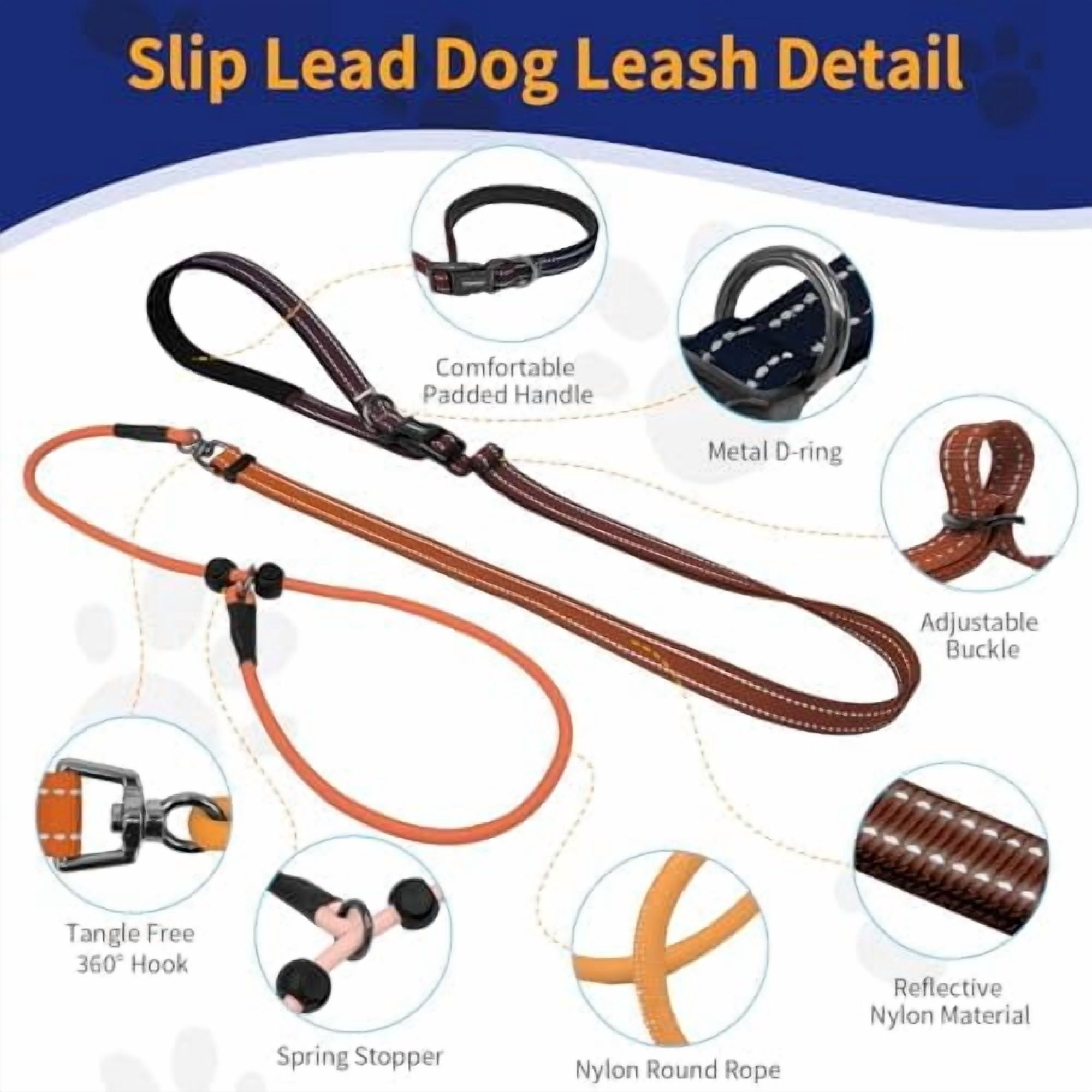 Slip Lead Dog Leash, Hands-Free No Pull Training Leash with Padded Handle for Medium Large Heavy Duty Dogs, Gradient Orange