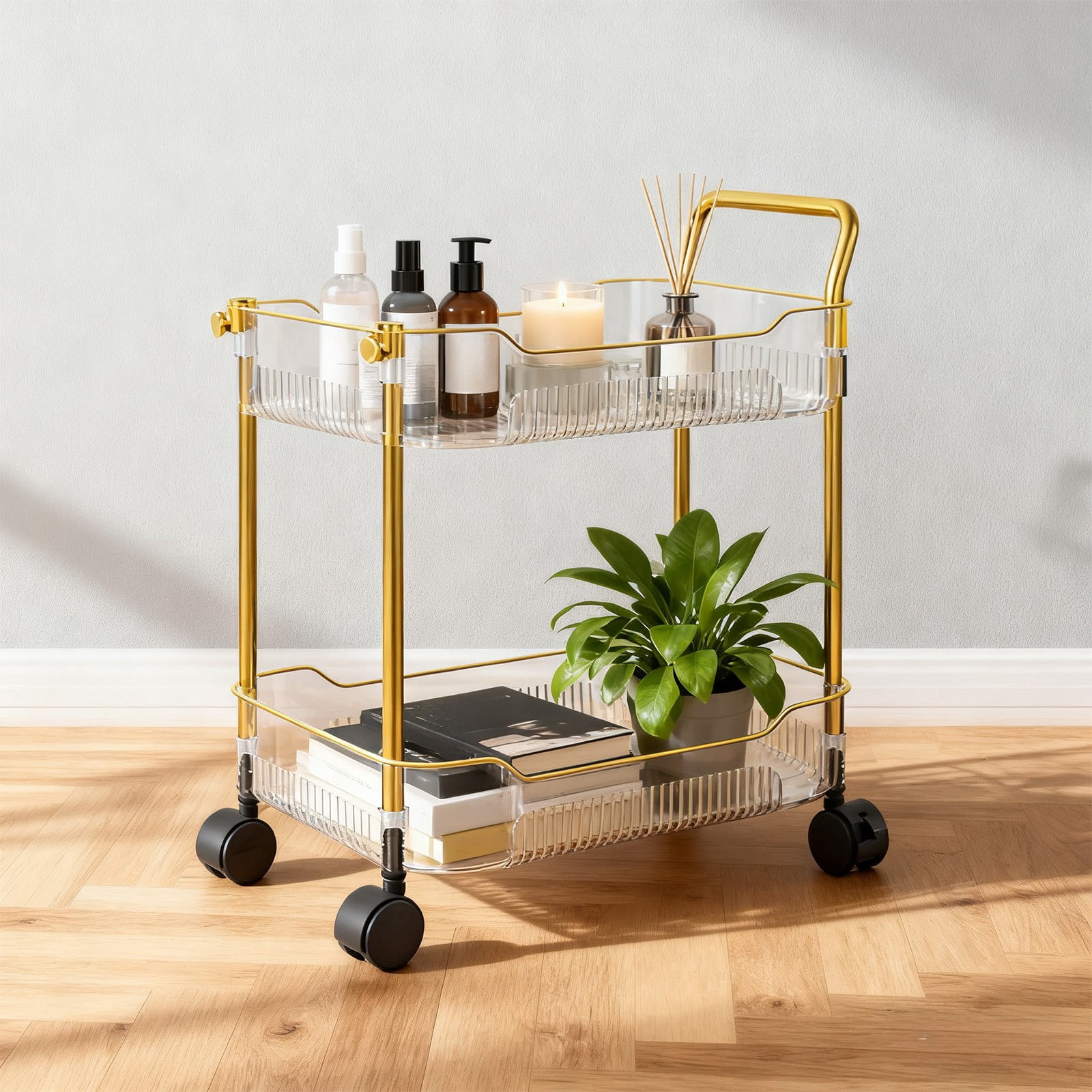 2-Tier Rolling Cart with Locking Wheels | Transparent Plastic Storage Organizer for Kitchen, Office, Bedroom | 43x35x26cm