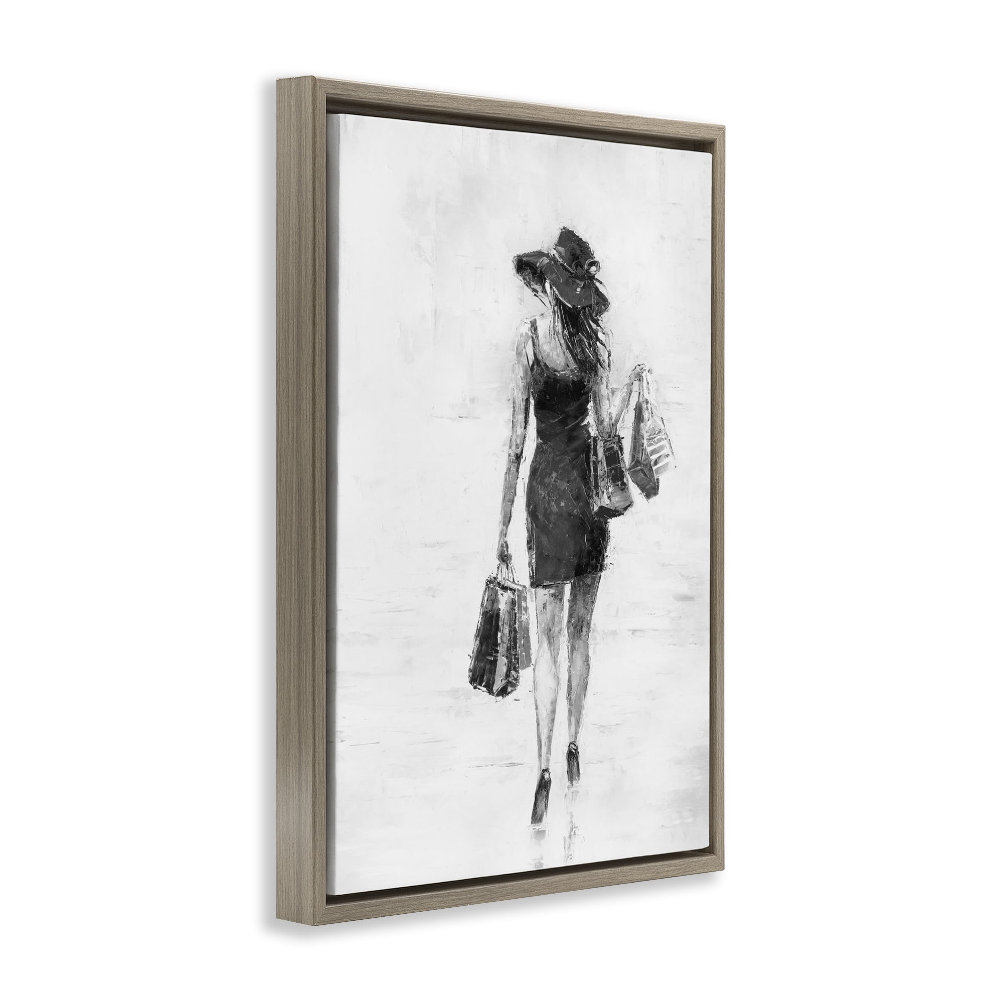 Stupell Industries Glam Shopper Girl Novelty Painting Brown Floater Framed Art Print Wall Art, 17 x 25
