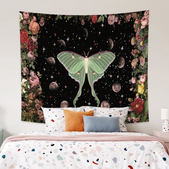 Moonlit Garden Tapestry Moth Moon Phase Tapestries Coloful Floral Tapestry Wall Hanging for Bedroom Dorm,60Wx50H