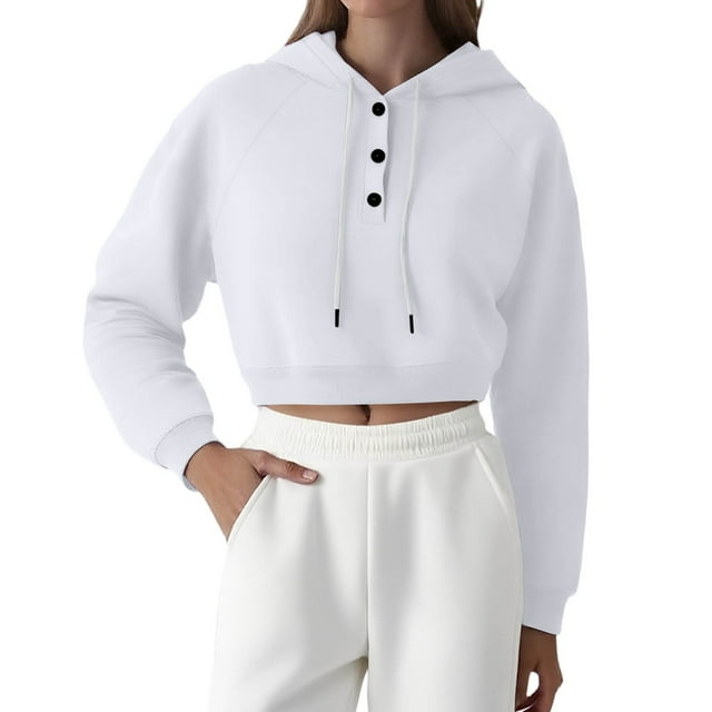ManxiVoo Chandail à Capuchon Court à Boutons pour Femmes, Col à Revers, Manches Raglan, Coupe Ample Décontractée, Taille g, Blanc