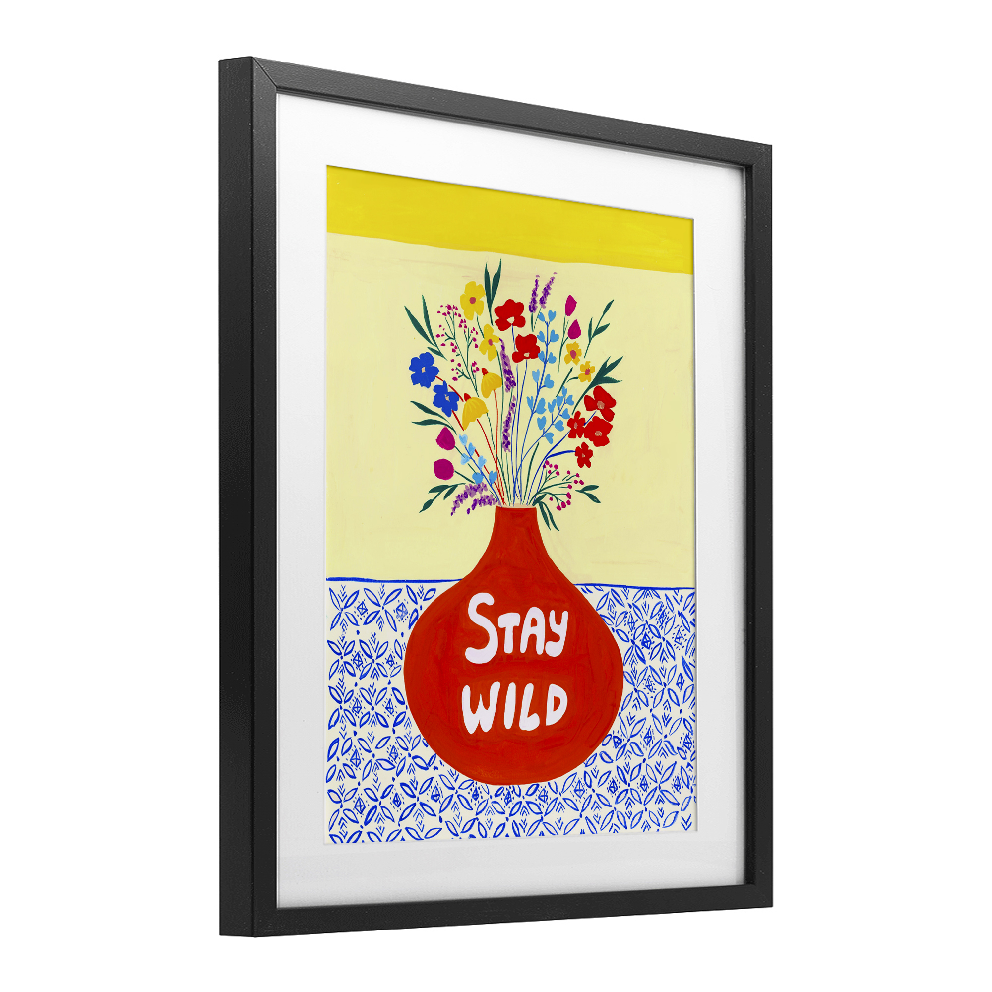 Stay Wild Midcentury Flowers Black Framed Print Under Glass, design by Nabeela Rumi