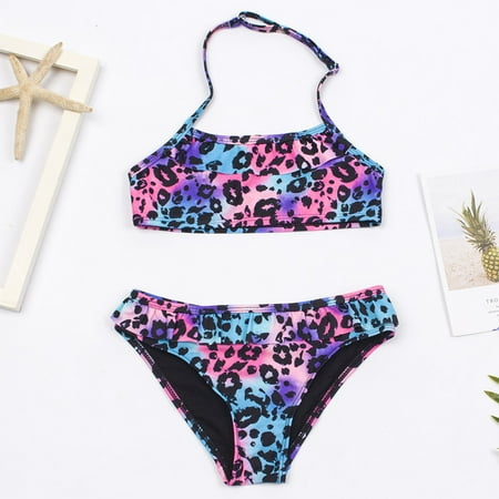 Leopard Print Ruffle Child Kids Girls Bikinis Beach Surf Outdoor Halter Teen Kids 2-pieces Swimsuit For Vacation Girls Swimwear ZYN