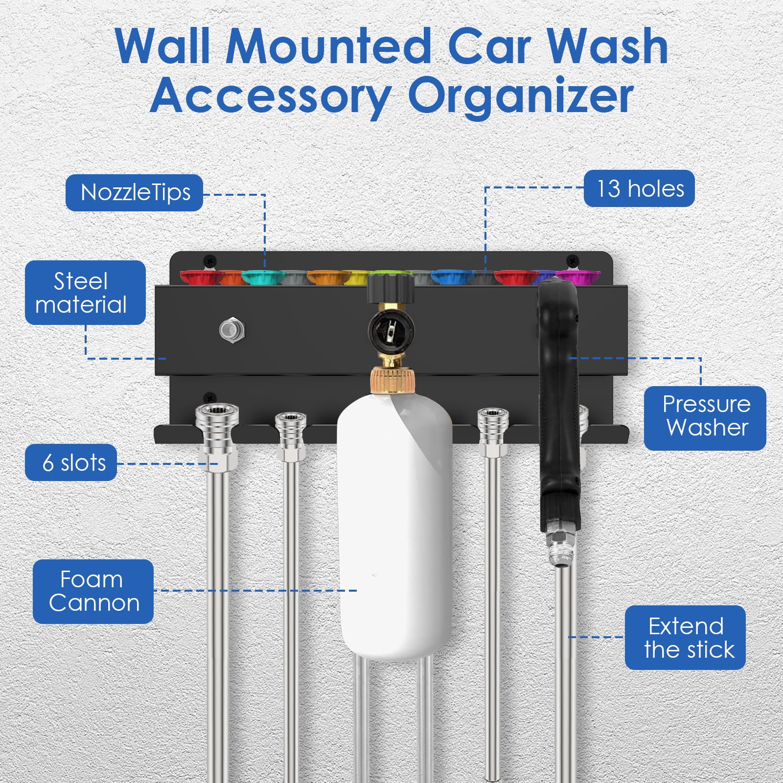 Pressure Washer Tool Organizer Rack Wall Mounted Thickened 1/4'' Car Wash Accessory Holder for Foam Cannon Wand Nozzle Tip