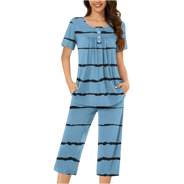 vdgthytj Pj Sets for Woman 2 Piece Plus Size Stripes Outfits Short Sleeve Pleated Button Front Tees with Capri Pants