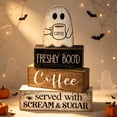 thumbnail image 3 of 4 Pcs Halloween Decorations Table Decor Coffee Ghost Wooden Sign Halloween Tiered Tray Decor Farmhouse Ghost Tabletop Centerpiece Decorative Coffee Bar Block Signs for Home Office Kitchen Shelf, 3 of 6