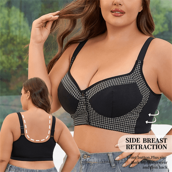 Fulorrnie Bras for Women Plus Size Wirefree Comfort Supportive Front Closure Longline Adjustable Strap Bralette Bra, Black, 48