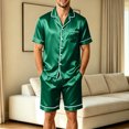thumbnail image 2 of Mens Pajamas Set Silk Satin Sleepwear Short Sleeve Button Down Pjs Set 2 Piece Loungewear with Pockets Dark Green 3XL, 2 of 9