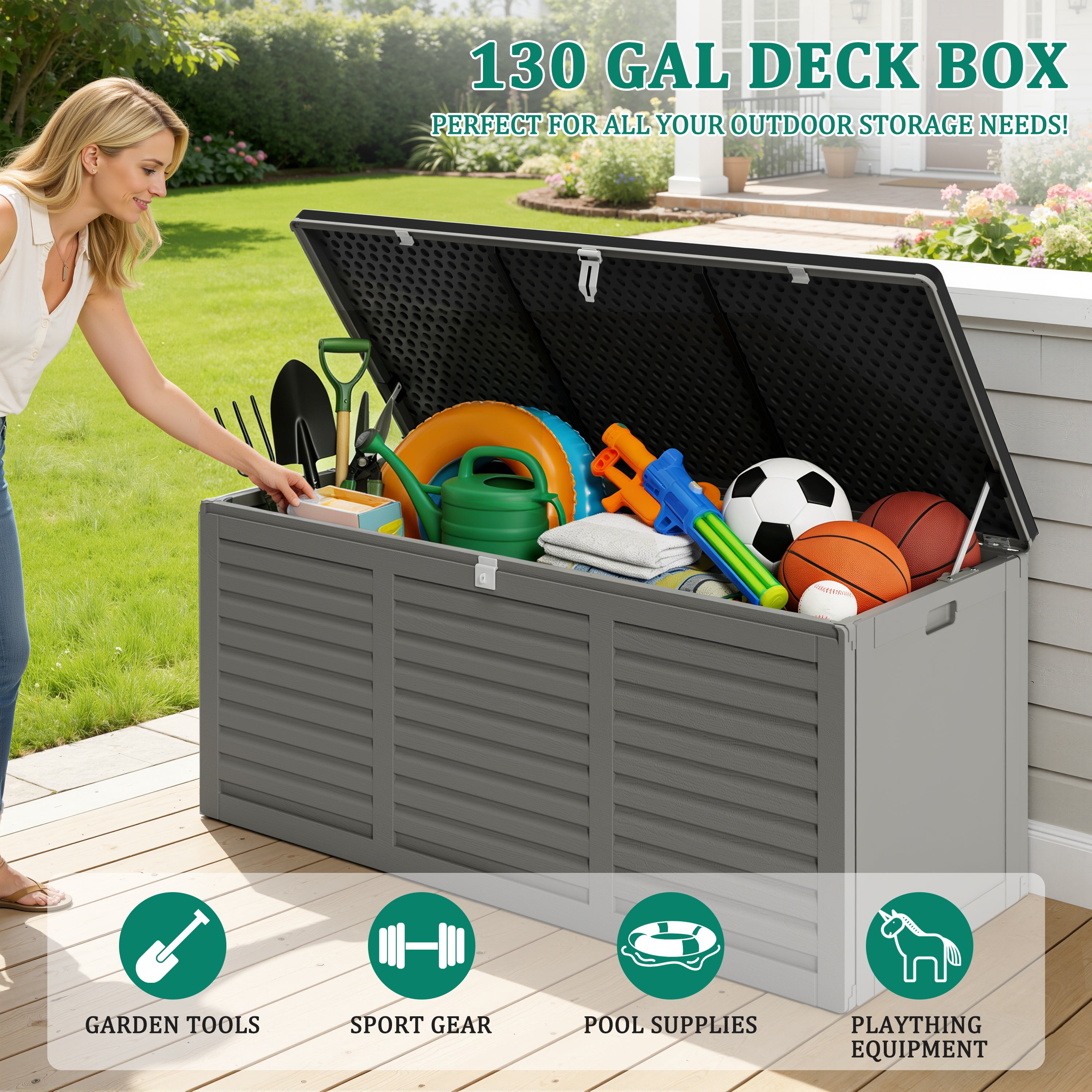 130 Gallon Resin Deck Box, Outdoor Lockable Storage Container for Patio Cushions, Garden Tools, Pool Supplies, Toys, Water Resistant and UV Resistant, Reinforced Rib Design, Gray