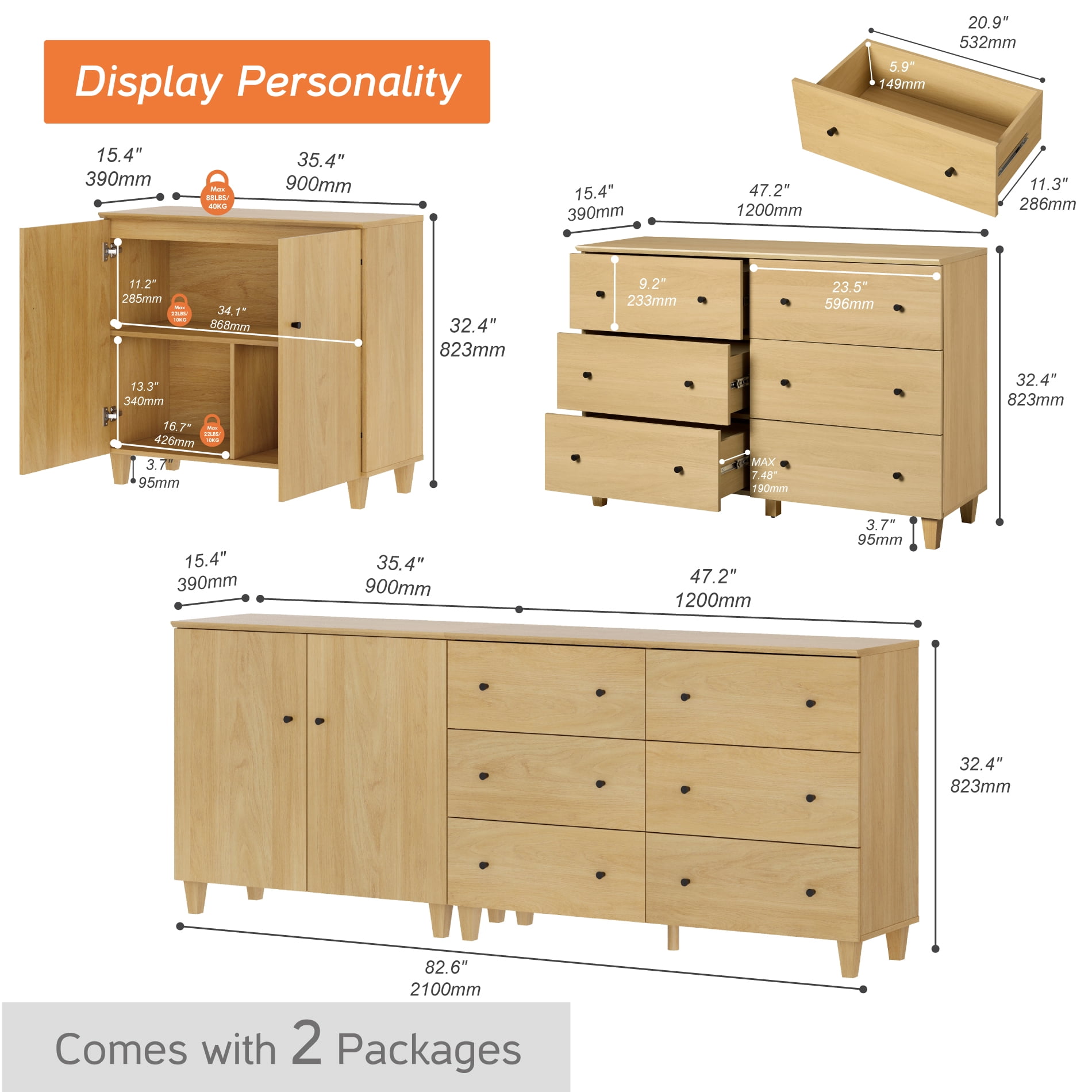 WAMPAT Wide TV Stand for 85+ Inches TVs, 2-in-1 Modern Wooden Media Console with 6 Spacious Drawers and 1 Storage Cabinet for Living Room, Oak